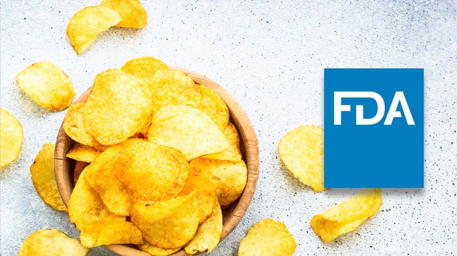 Split image of potato chips, FDA logo